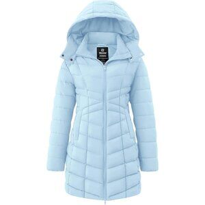 Women's Light Blue Puffer Jacket Warm Padded Winter Coat Long Quilted Jacket